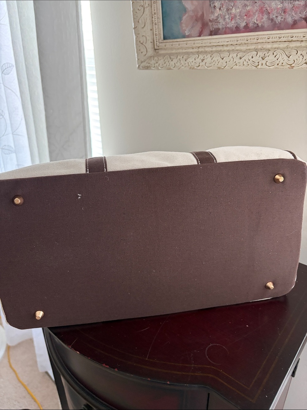 Canvas Tote Bag with Brown Trim and Bear Charm - Picture 4 of 5